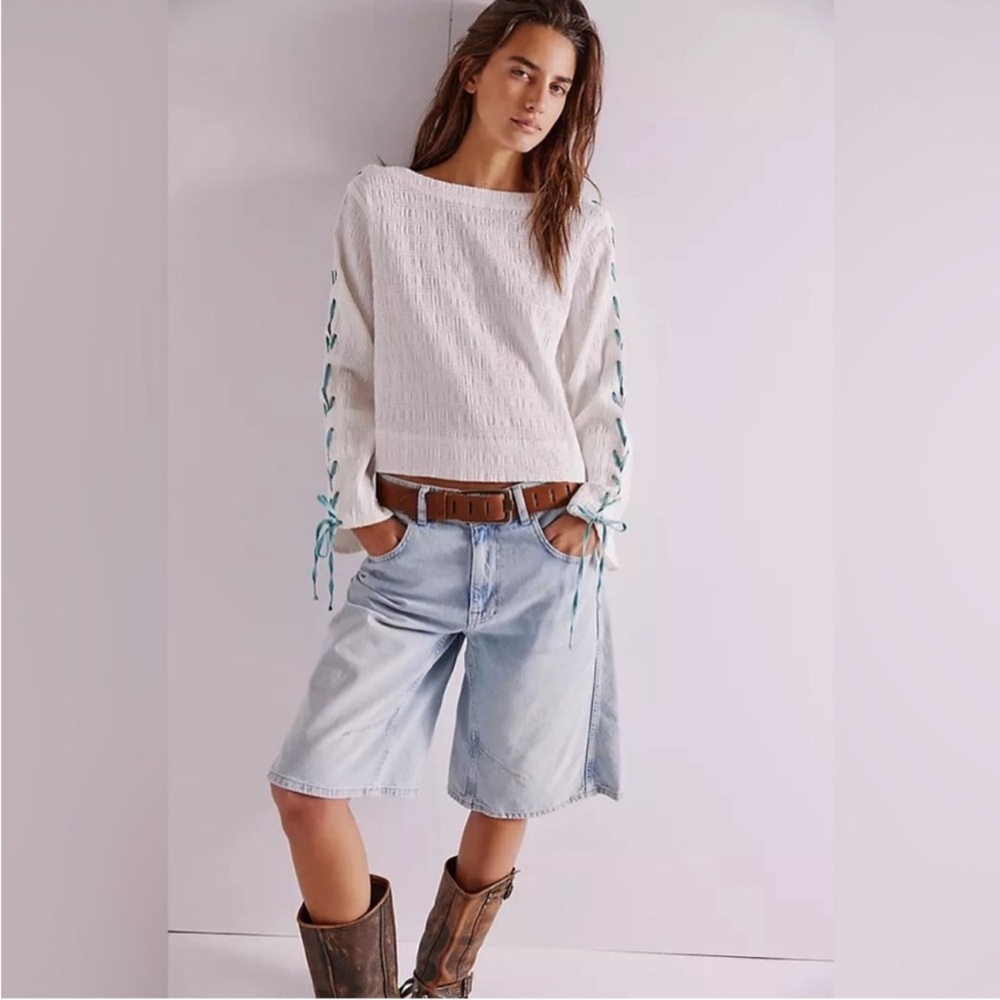 We The Free White Long Sleeve Top with Teal Lace-Up Detail - Picture 2 of 3